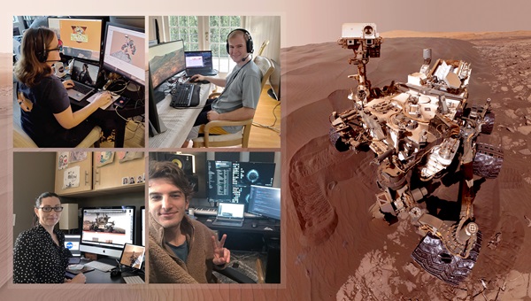Rover planner Keri Bean (upper left), wearing red-blue 3D glasses, and rover planner Camden Miller (upper right) work from home on March 20, 2020. At bottom left is Science Operations Team Chief Carrie Bridge; at bottom right is tactical uplink lead Jack Quade.