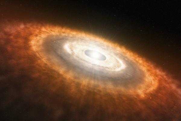 An artist's concept of a protoplanetary disk, hot glowing gas and dust surrounding a young star, with rings of debris forming planets