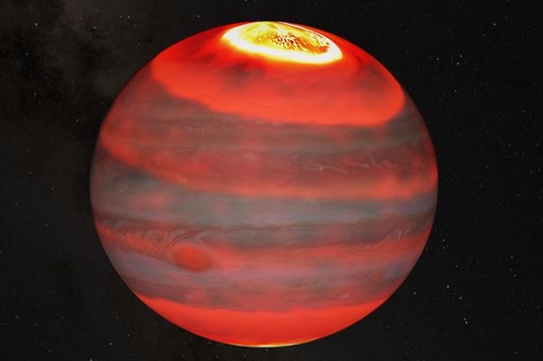 Waves of heat emanate from Jupiter’s aurorae, distributing energy from the poles toward the planet’s equator, in this illustration of an infrared view.
