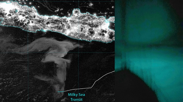 At left is a black and white satellite nighttime image, showing a bright web of lights on the island of Java, Indonesia. Just below it, in the ocean, lies a milky, anvil-shaped swirl the size of Iceland. At right is a smartphone picture taken from the ship Ganesha, which sailed through the milky sea. The black silhouette of the ship's foredeck is visible against the sea, glowing pale green and reflecting off the jib, which is eased out over the water.