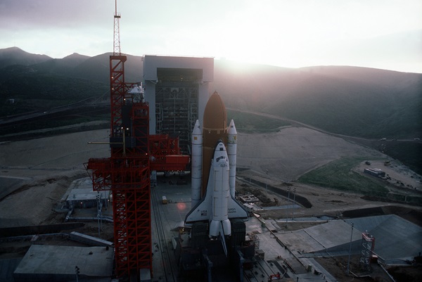 The space shuttle test vehicle Enterprise sits on the launch pad of Space Launch Complex 6 at Vandenberg Air Force Base in California.