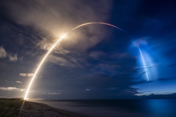 A Falcon 9 rocket with 58 Starlink satellites aboard launches from Cape Canaveral in Florida on June 13, 2020.