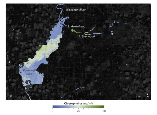 Landsat data showing chlorophyll in a lake