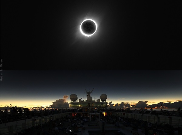 A combination of two images taken during a total solar eclipse in 2009 on the board of the ship in neighborhood of Iwo Jima Island. Credit: Marta and Michal Zolnowski