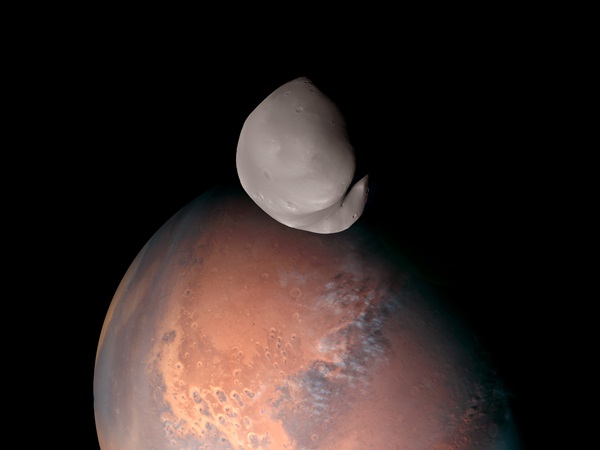 Hope spacecraft image of Diemos and Mars