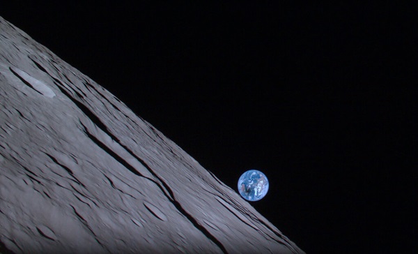 While in a circular orbit some 62 miles (100 kilometers) above the lunar surface, ispace's lander-mounted camera captured this shot of Earth rising over the limb of the Moon. The image also captures a unique view of a solar eclipse: If you look closely, you'll see the shadow of the Moon projected on Earth's surface.