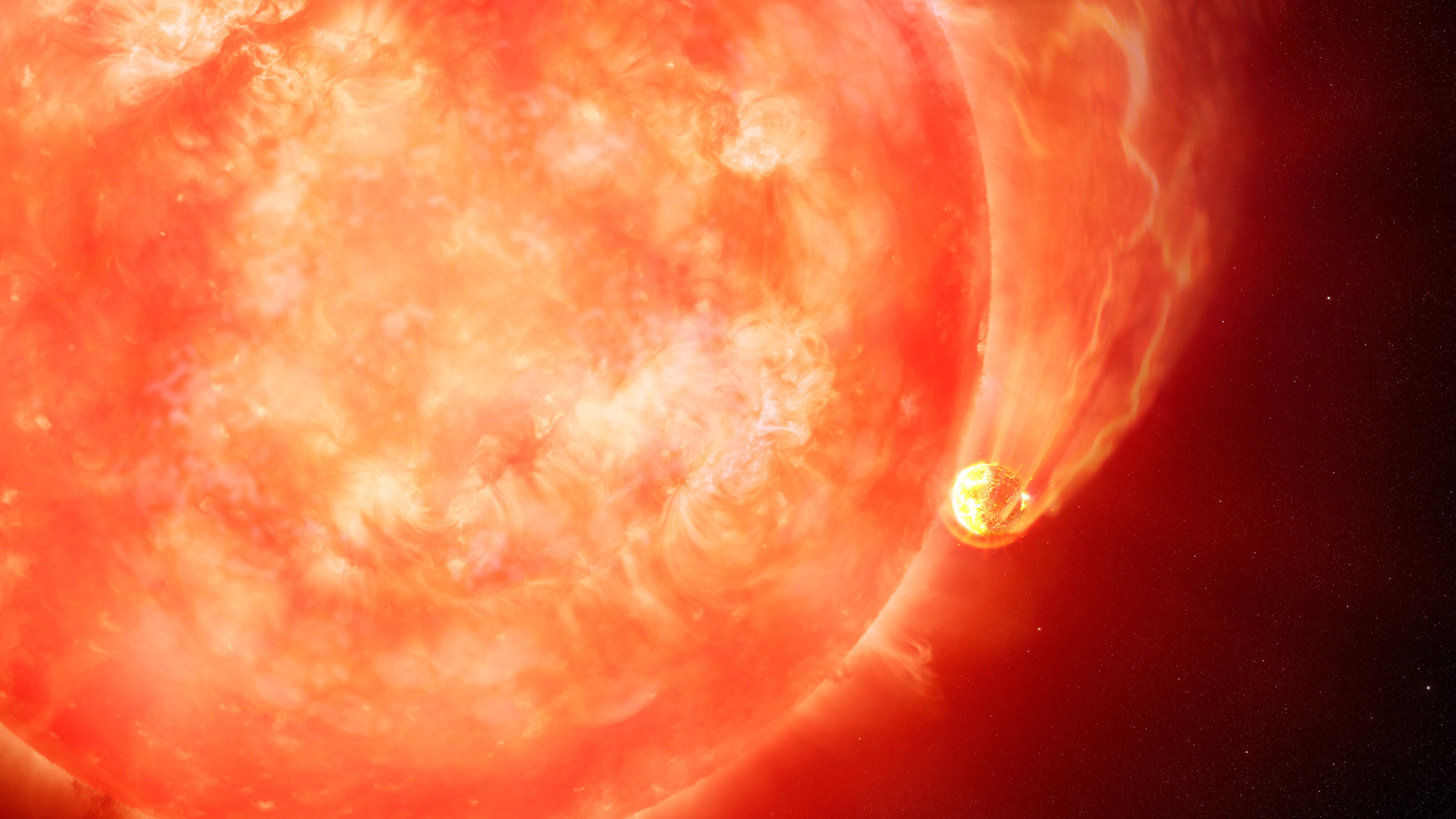Una bulliciosa estrella naranja llena el cuadro de la izquierda con un planeta brillante que la orbita, dejando una estela en la parte superior del cuadro a medida que pasa a través de las capas exteriores de la estrella.