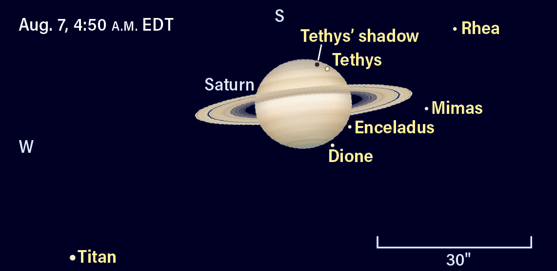 Saturn and moons Aug. 7, 2023, at 4:50 AM EDT