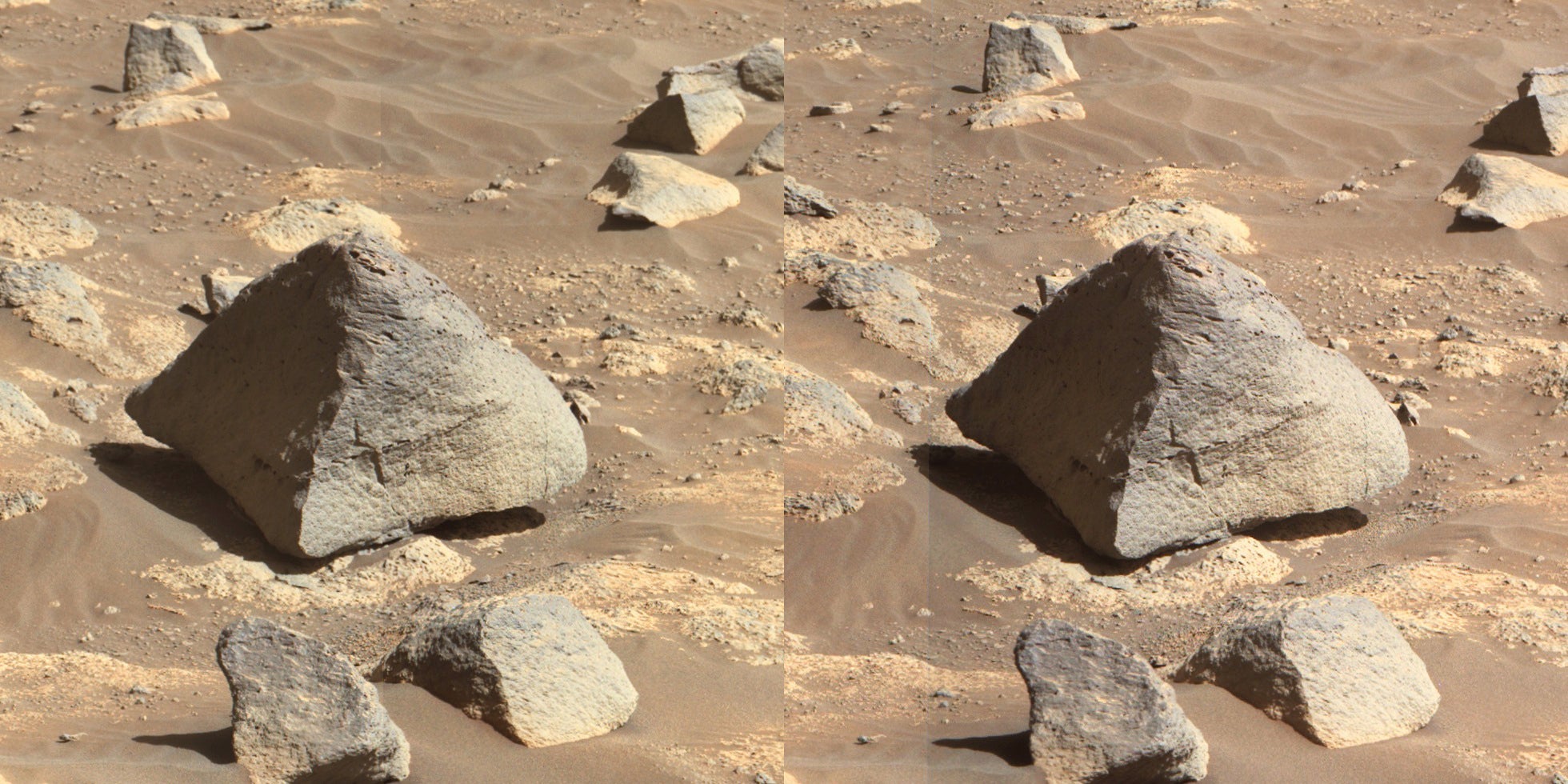 This pyramidal rock appears almost to levitate above the terrain. Looking at its shadow, especially in 3D, gives confirmation that much of the rock is actually suspended over the ground.