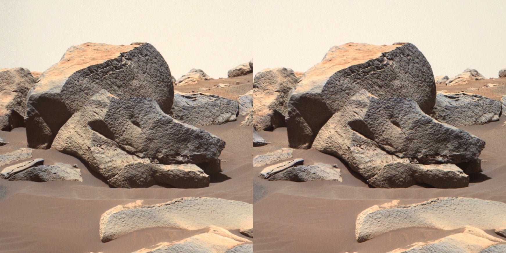 Martian rock shapes frequently resemble strange and familiar objects to the human eye. This one particularly recalls the head of a dinosaur, with a clearly identifiable jawline.