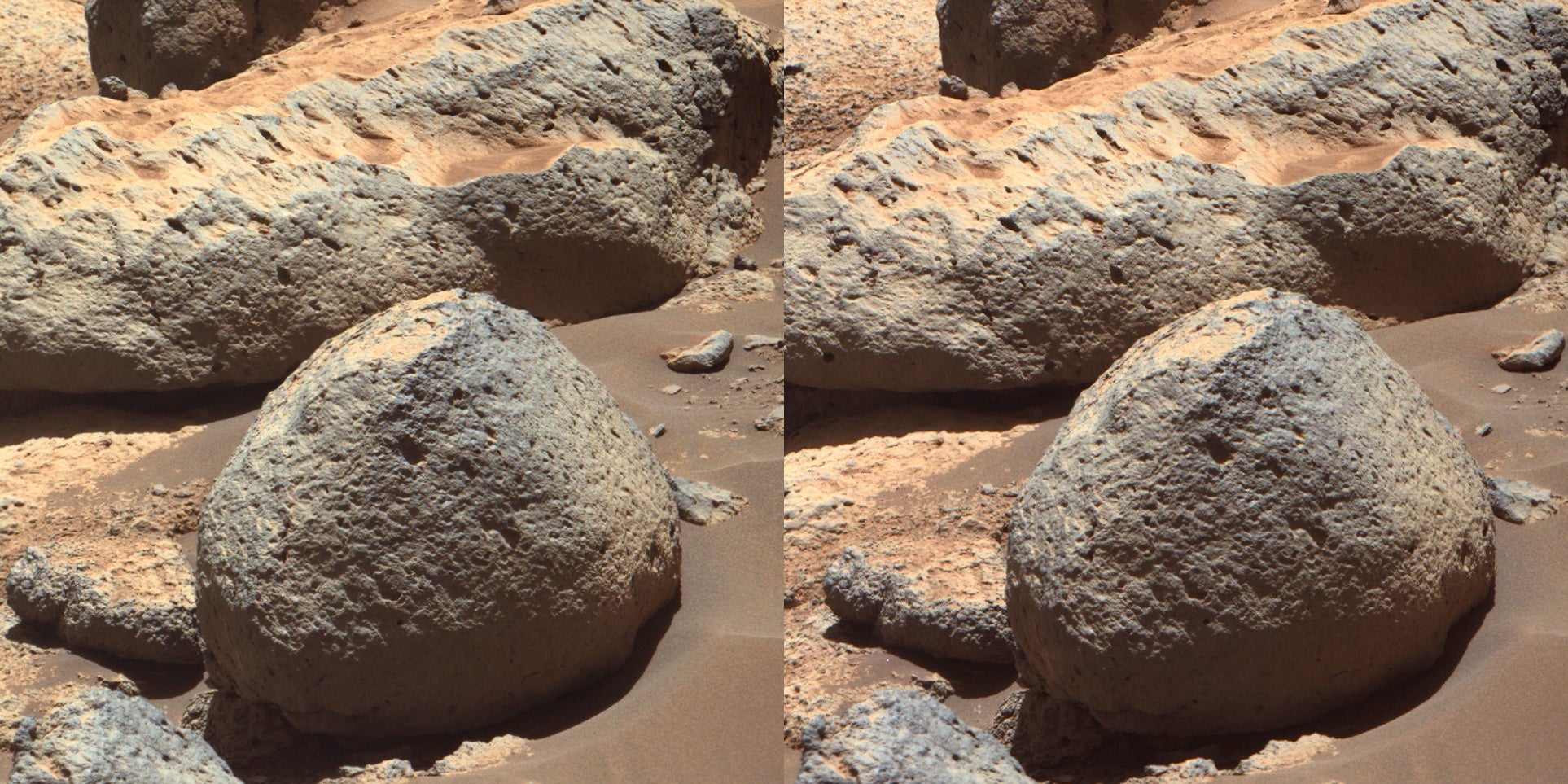 This rock’s round shape is a perfect example of the sense of full tridimensionality that appears when viewing an object in stereo.