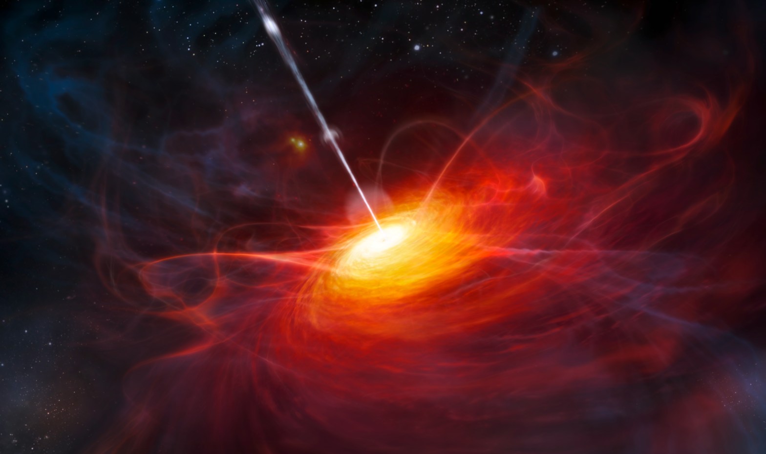 This artist’s impression shows how ULAS J1120+0641, a very distant quasar powered by a black hole with a mass two billion times that of the Sun, may have looked. This quasar is the most distant yet found and is seen as it was just 770 million years after the Big Bang. This object is by far the brightest object yet discovered in the early Universe.