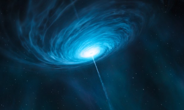 This is an artist’s impression of the quasar 3C 279. Astronomers connected the Atacama Pathfinder Experiment (APEX), in Chile, to the Submillimeter Array (SMA) in Hawaii, USA, and the Submillimeter Telescope (SMT) in Arizona, USA for the first time, to make the sharpest observations ever, of the centre of a distant galaxy, the bright quasar 3C 279. Quasars are the very bright centres of distant galaxies that are powered by supermassive black holes. This quasar contains a black hole with a mass about one billion times that of the Sun, and is so far from Earth that its light has taken more than 5 billion years to reach us. 