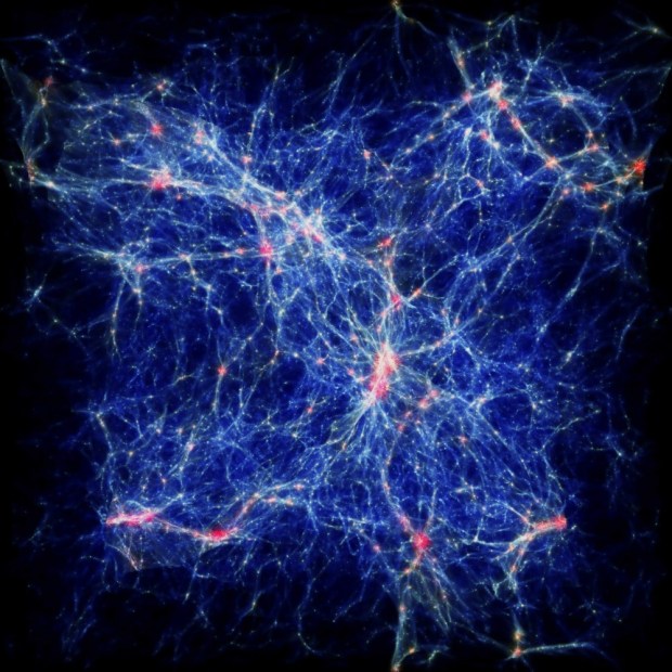 By studying the Lyman-α forest in quasars both near and far, cosmologists can learn about the structure of the cosmos’ web of gas clouds at various stages of the universe’s evolution. That information helps improve cosmological models and narrow theories of dark matter. This image is generated by a simulation informed by Lyman-α observations and shows what the cosmic web may have looked like at a redshift (z) of 2.2, just 3 billion years after the Big Bang. 
