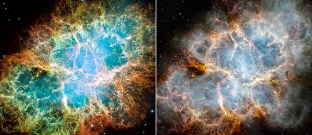 The Crab Nebula as seen by the Hubble Space Telescope in optical light (left) and the James Webb Space Telescope in infrared light. Hubble Image: NASA, ESA, J. Hester, A. Loll (Arizona State University); Webb Image: NASA, ESA, CSA, STScI, T. Temim (Princeton University).
