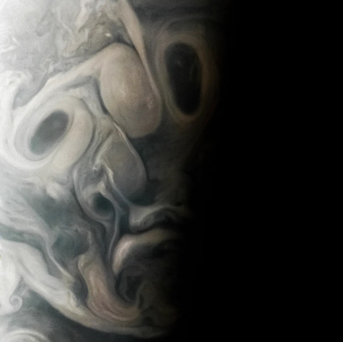 NASA shared this image of clouds and storms on Jupiter that resemble a face. Credit: NASA/JPL-Caltech/SwRI/MSSS Image processing by Vladimir Tarasov