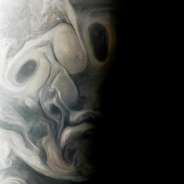 NASA shared this image of clouds and storms on Jupiter that resemble a face. Credit: NASA/JPL-Caltech/SwRI/MSSS Image processing by Vladimir Tarasov