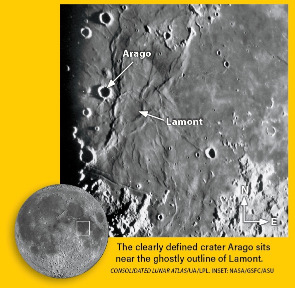 The crater Arago sits near the ghostly outline of Lamont. Credit: Consolidated Lunar Atlas/UA/LPL. Inset: NASA/GSFC/ASU