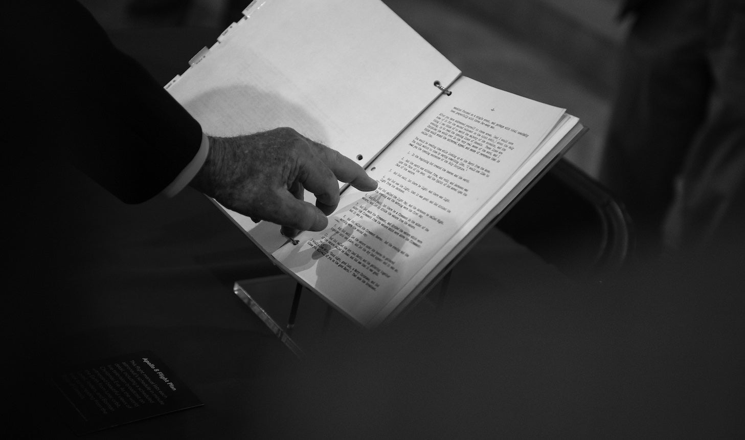 Lovell points to the line in his bound flight plan where he began his section of Apollo 8’s reading from Genesis. This picture was taken at the National Cathedral in Washington, D.C., in December 2018, at an exhibit organized by the Smithsonian for the mission’s 50th anniversary. 