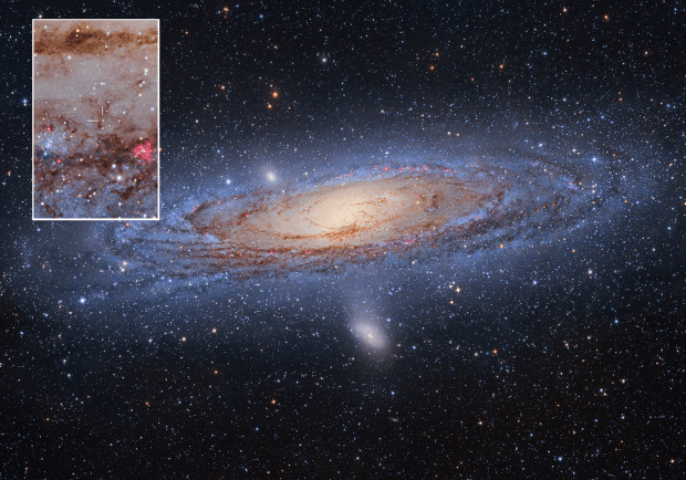 A color image shows a closeup of M31-V1, marked with ticks, against the dusty background of M31’s spiral arms.
