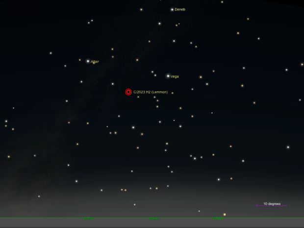 The position of the stars and Comet Lemmon on November 10, 2023, at 6 PM local time