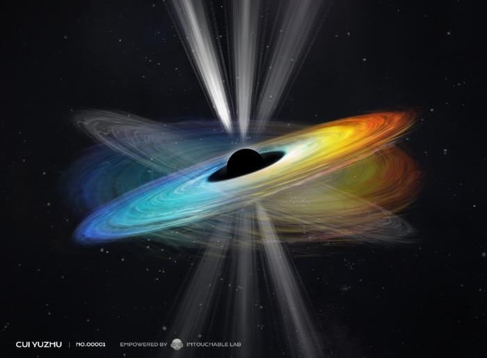 A visual representation of the tilted accretion disk model, the black hole's vertical spin axis, and the precessional jet directions.