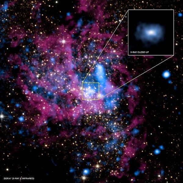 An image of the area surrounding Sagittarius A*, the supermassive black hole at the center of the Milky Way galaxy, in X-ray and infrared light. X-ray: NASA/UMass/D.Wang et al.; IR: NASA/STScI