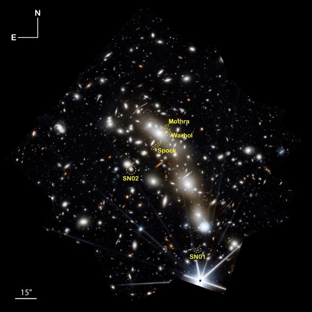 A color composite image of MACS0416 using the data from four sets of images taken by JWST of the galaxy cluster over a period of 126 days, or about four months. The regions where the transients are found are also marked. Photo courtesy of Bangzheng Sun.
