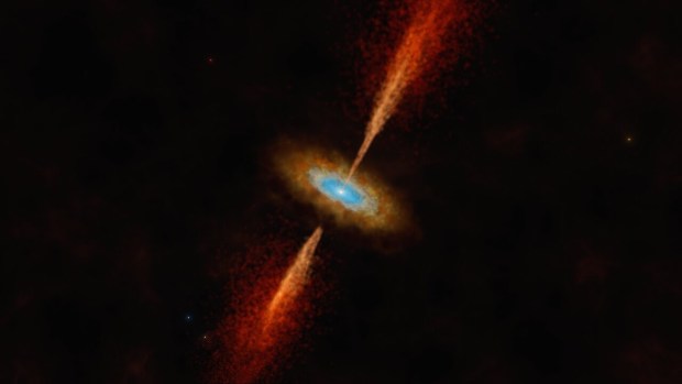An artist’s impression of the disc and jet in the young star system HH 1177. Credit: The European Southern Observatory (ESO)