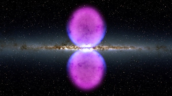  normous expanding bubbles of ultra-powerful gamma rays, each centered on nothingness, meet at our galaxy’s core, as depicted in this illustration of the Milky Way. Discovered in 2010, the origin of these bubbles remains a complete mystery. Credit: NASA’s Goddard Space Flight Center
