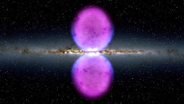  normous expanding bubbles of ultra-powerful gamma rays, each centered on nothingness, meet at our galaxy’s core, as depicted in this illustration of the Milky Way. Discovered in 2010, the origin of these bubbles remains a complete mystery. Credit: NASA’s Goddard Space Flight Center