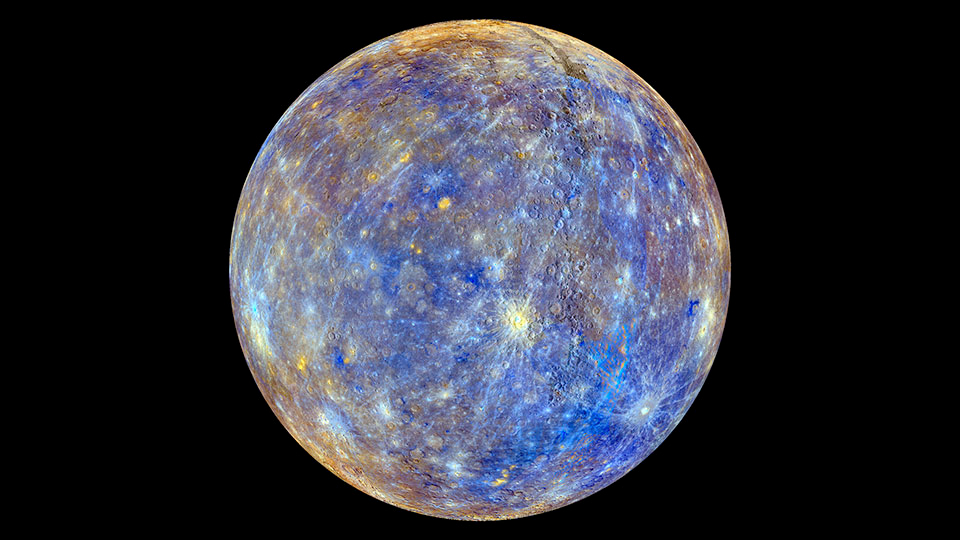 Mercury, shown in an enhanced-color image from NASA’s Messenger probe. Credit: NASA / JHU Applied Physics Lab / Carnegie Inst. Washington