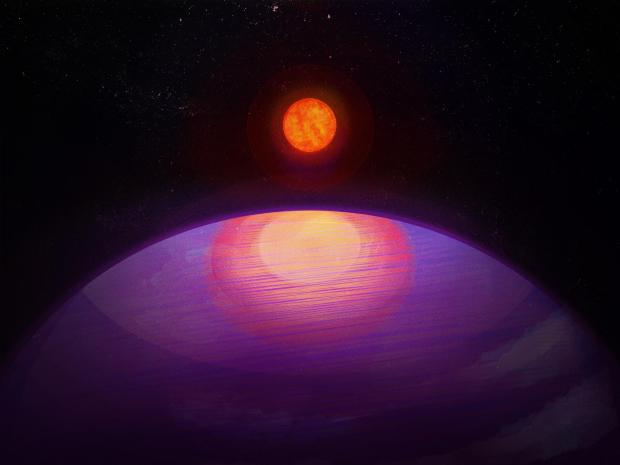 An artist's impression of LHS 3154 b, the Neptune-sized planet at the bottom of the frame. Above lies the M dwarf LHS 3154, a red orb with a writhing, active surface. Credit: Penn State University.