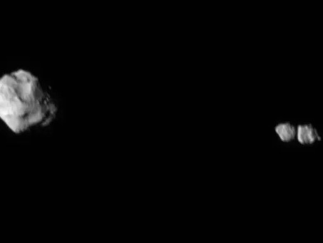 Dinkinesh and its contact binary satellites seen just 6 minutes after Lucy came in closest contact with the asteroids. Credit: NASA/Goddard/SwRI/Johns Hopkins APL