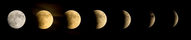 A sequential view of a lunar eclipse shows Earth’s shadow crossing the face of the Moon. The shadow’s shape is curved because Earth is spherical. Source: NASA/Bill Ingalls