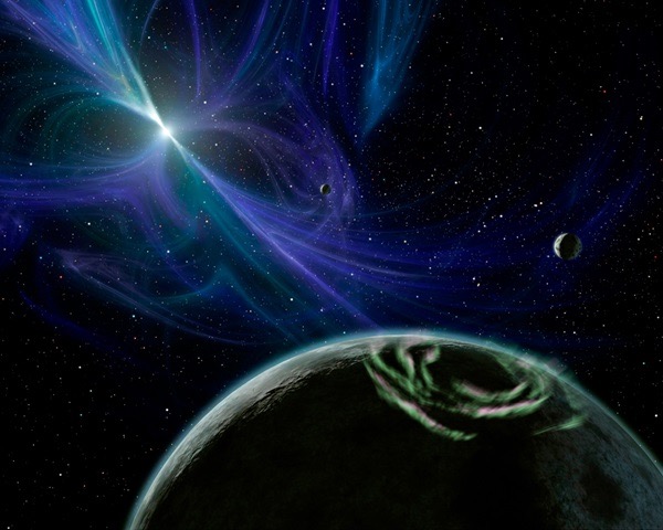 This artist’s impression portrays pulsar PSR B1257+12 as a small point of light in the distance, with its three planets bombarded by lethal X-ray and gamma-ray radiation. NASA/JPL-Caltech