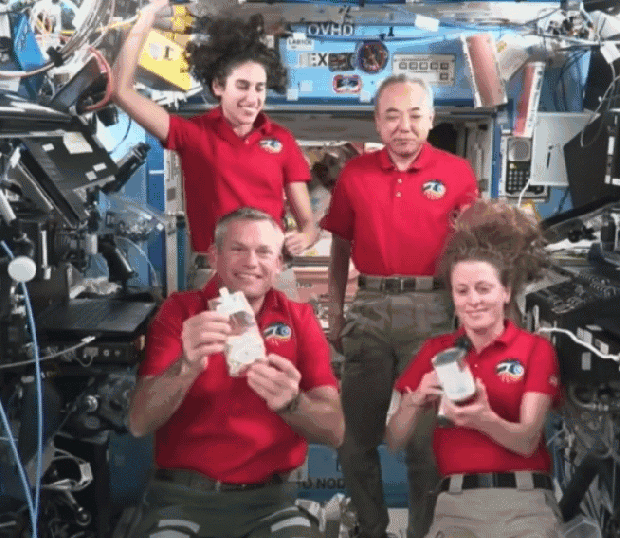 The crew on the International Space Station celebrates Thanksgiving. Credit: NASA