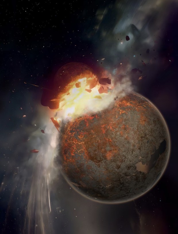 Theia slams into a young Earth in this artist's conception. Credit: Hernan Canellas/ASU