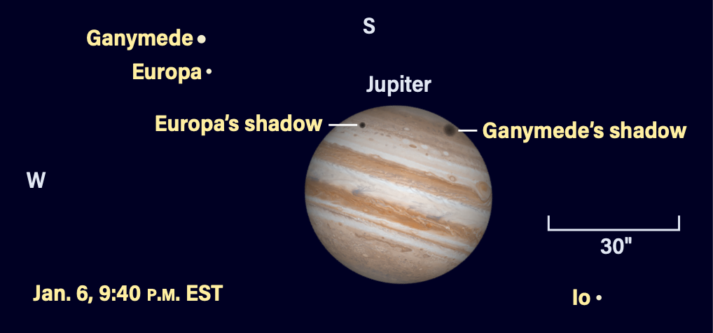 Jupiter and its moons on Jan. 6, 2024, at 9:40 PM EST