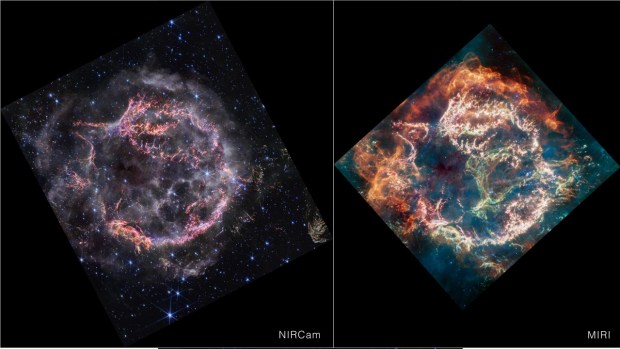 This image provides a side-by-side comparison of supernova remnant Cassiopeia A (Cas A) as captured by NASA’s James Webb Space Telescope’s NIRCam (Near-Infrared Camera) and MIRI (Mid-Infrared Instrument). At left, Supernova remnant Cassiopeia A (Cas A) as captured by NASA’s James Webb Space Telescope’s NIRCam (Near-Infrared Camera) and MIRI (Mid-Infrared Instrument). Credit: NASA, ESA, CSA, STScI, Danny Milisavljevic (Purdue University), Ilse De Looze (UGent), Tea Temim (Princeton University)