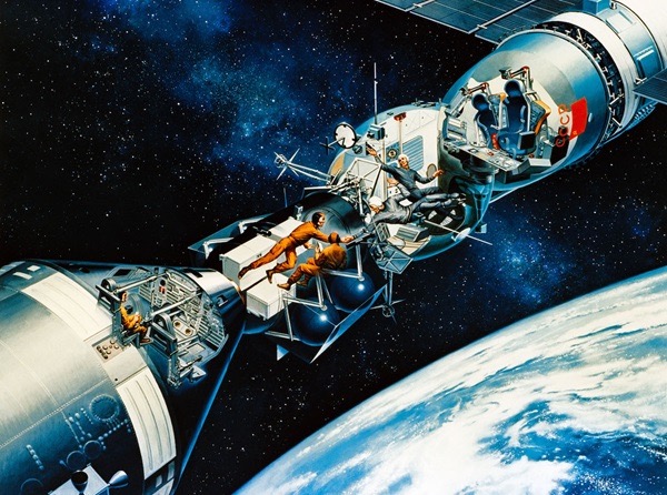 Soviet cosmonauts and American astronauts shake hands in orbit as the two nations’ spacecraft dock during the Apollo-Soyuz mission, as seen in this artist’s illustration. Credit: NASA/Davis Meltzer