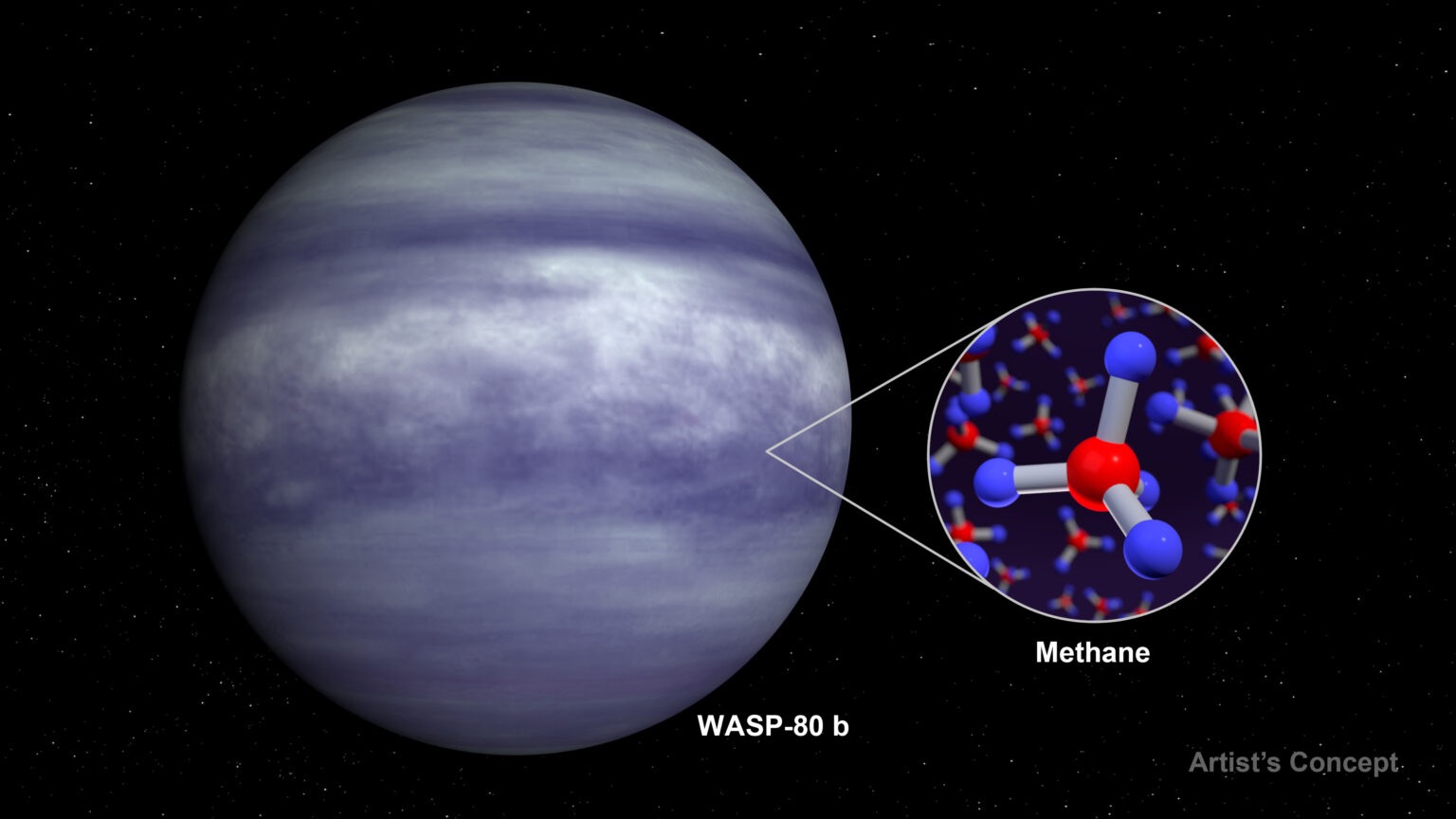 An artist’s rendering of the warm exoplanet WASP-80 b whose color may appear bluish to human eyes due to the lack of high-altitude clouds and the presence of atmospheric methane identified by NASA’s James Webb Space Telescope, similar to the planets Uranus and Neptune in our own solar system. Image credit: NASA.
