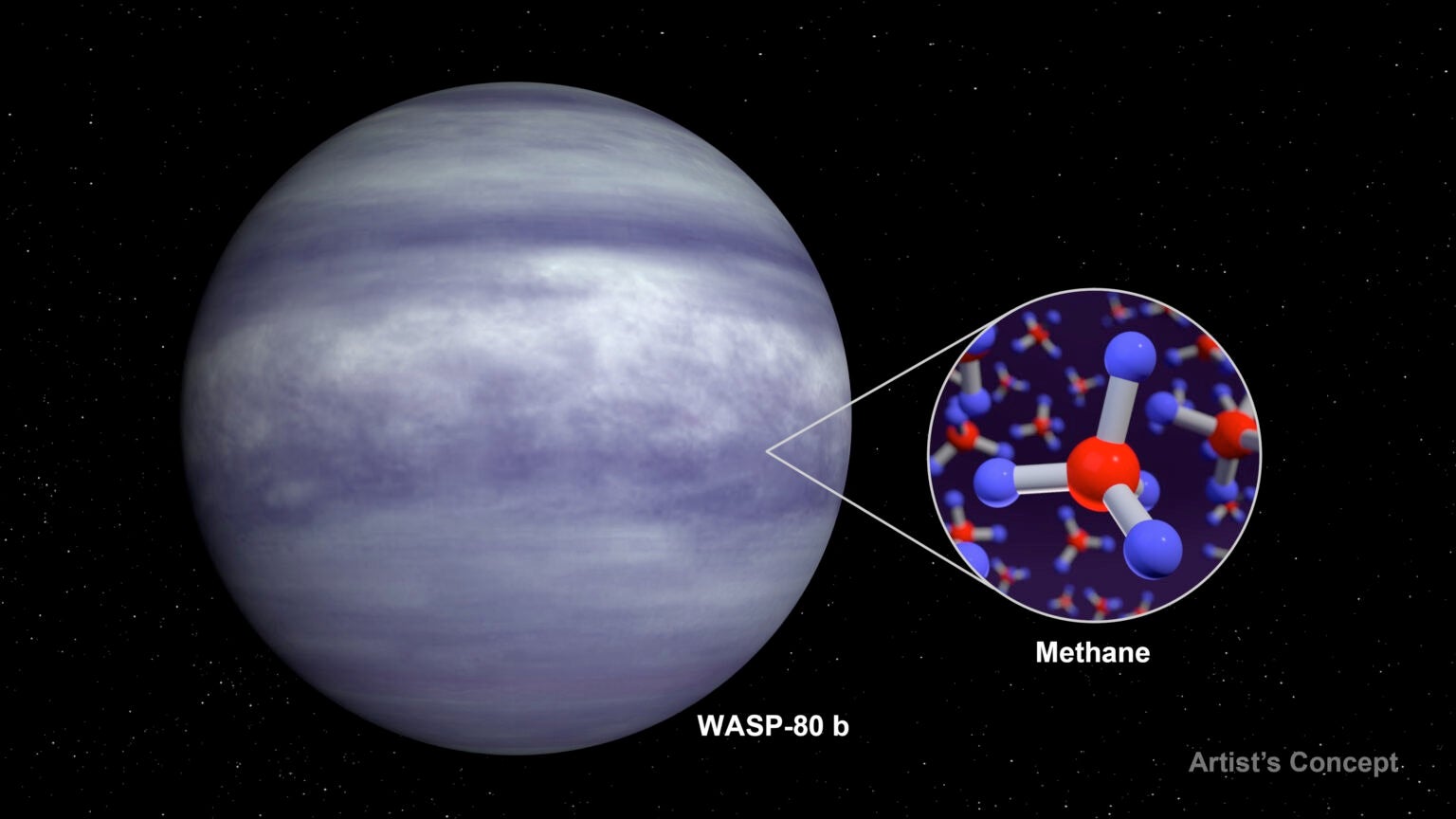 An artist’s rendering of the warm exoplanet WASP-80 b whose color may appear bluish to human eyes due to the lack of high-altitude clouds and the presence of atmospheric methane identified by NASA’s James Webb Space Telescope, similar to the planets Uranus and Neptune in our own solar system. Image credit: NASA.