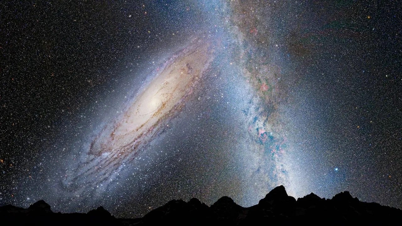 This illustration shows a stage in the predicted merger between our Milky Way galaxy and the neighboring Andromeda galaxy, as it will unfold over the next several billion years. In this image, representing Earth's night sky in 3.75 billion years, Andromeda (left) fills the field of view and begins to distort the Milky Way with tidal pull.
NASA; ESA; Z. Levay and R. van der Marel, STScI; T. Hallas; and A. Mellinger