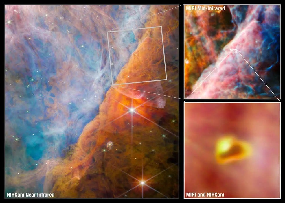 One of the JWST's greatest discoveries: At the very center of the MIRI area is a young star system with a protoplanetary disk named d203-506. The pullout at the bottom right displays a combined NIRCam and MIRI image of this young system.
Credits: ESA/Webb, NASA, CSA, M. Zamani (ESA/Webb), and the PDRs4All ERS Team