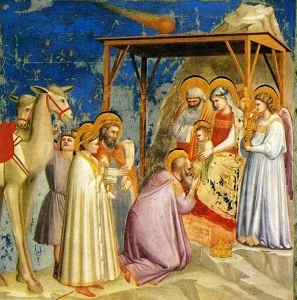 Italian painter Giotto di Bondone witnessed Halley's Comet when it appeared in 1301 A.D. Then, he painted the Star of Bethlehem as a comet burning bright above Jesus in the manger. Wikimedia Commons