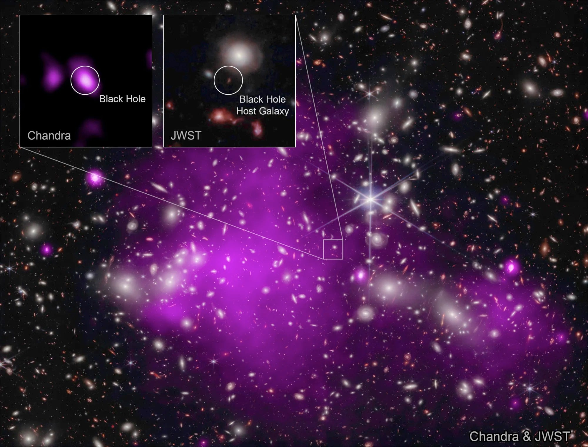 Astronomers found the most distant black hole ever detected in X-rays (in a galaxy dubbed UHZ1) using the Chandra and Webb space telescopes.
Credit: X-ray: NASA/CXC/SAO/Ákos Bogdán; Infrared: NASA/ESA/CSA/STScI; Image Processing: NASA/CXC/SAO/L. Frattare & K. Arcand