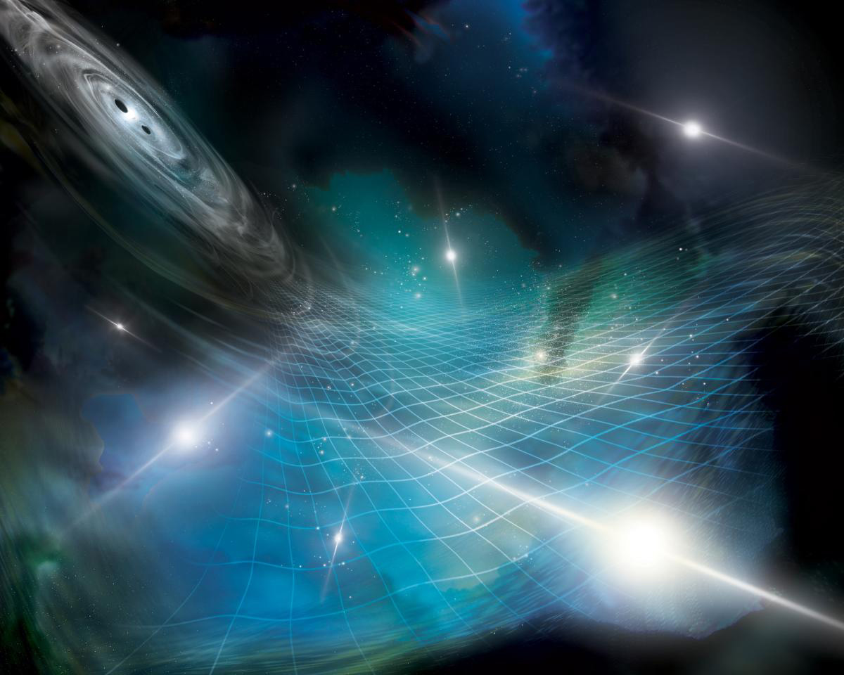 Supermassive black holes merging throughout the universe (upper left) create a gravitational-wave background, represented by ripples in the grid in this illustration. Researchers have picked up this signal by looking for slight shifts in the timing of received pulses from pulsars (bright points) across the galaxy as gravitational waves pass by. 