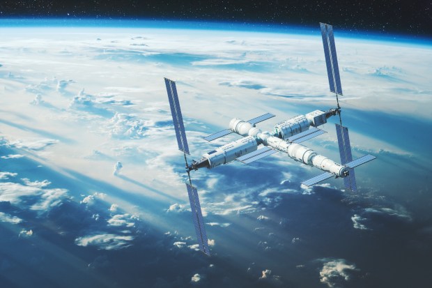 The space station Tiangong has been constructed over the course of multiple launches. It consists of a central core module named Tianhe and two lab modules named Wentian and Mengtian. In this rendering, a Tianzhou cargo craft is docked in the foreground, with a Shenzhou crew capsule docked in the background.