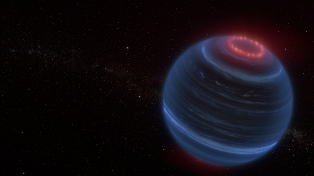 This artist concept portrays the brown dwarf W1935 and the aurora, located 47 light-years from Earth.